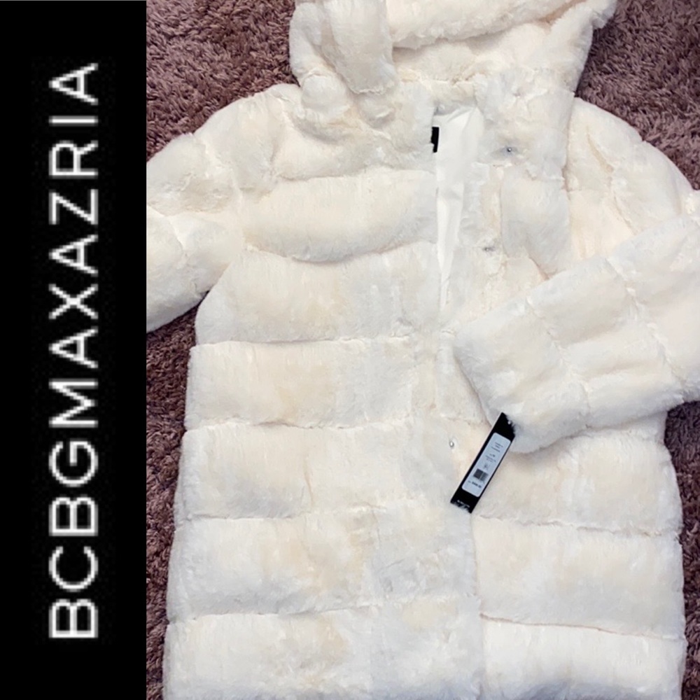 BCBGMAXAZRIA FAUX FUR COAT IN WHITE ONLY